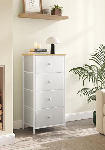 SONGMICS Kommode Sovev�relse, Opbevaringsm�bel, Kommode med 4 stofskuffer, Metalramme, H�j og Slank, Til Skab, Hvid og Eg LTS314W57