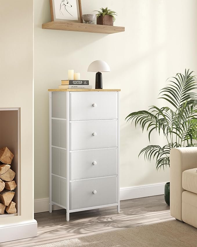 SONGMICS Kommode Sovev�relse, Opbevaringsm�bel, Kommode med 4 stofskuffer, Metalramme, H�j og Slank, Til Skab, Hvid og Eg LTS314W57
