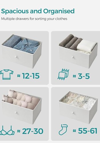 SONGMICS Kommode Sovev�relse, Opbevaringsm�bel, Kommode med 4 stofskuffer, Metalramme, H�j og Slank, Til Skab, Hvid og Eg LTS314W57