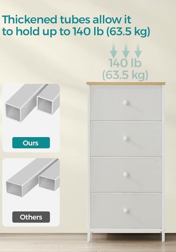 SONGMICS Kommode Sovev�relse, Opbevaringsm�bel, Kommode med 4 stofskuffer, Metalramme, H�j og Slank, Til Skab, Hvid og Eg LTS314W57