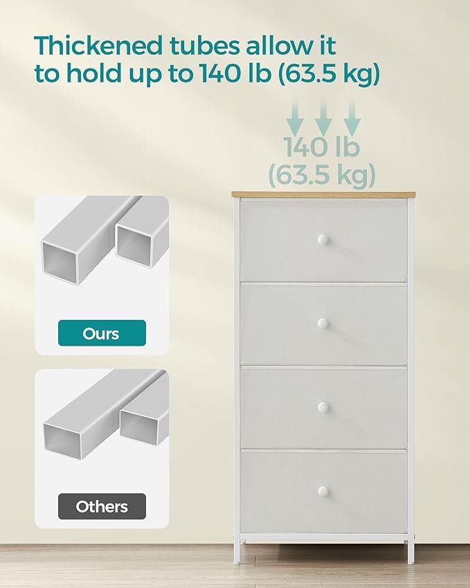 SONGMICS Kommode Sovev�relse, Opbevaringsm�bel, Kommode med 4 stofskuffer, Metalramme, H�j og Slank, Til Skab, Hvid og Eg LTS314W57
