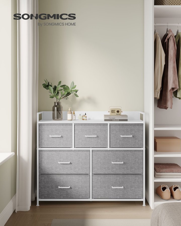 SONGMICS Kommode, Sovev�relsesskab, 7 stofskuffer med h�ndtag, Metalramme, Duegr� og Skyhvid LTS523L10