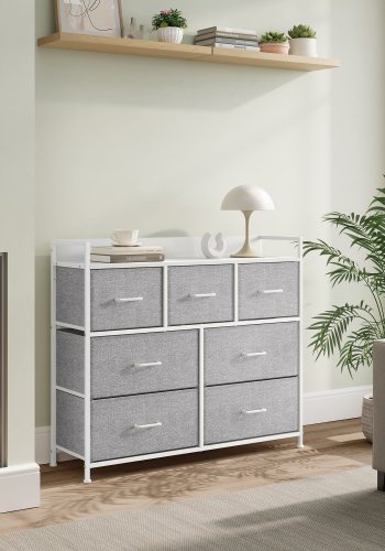 SONGMICS Kommode, Schlafzimmerschrank, 7 Stoffschubladen mit Griffen, Metallgestell, Taubengrau und Wolkenwei� LTS523L10