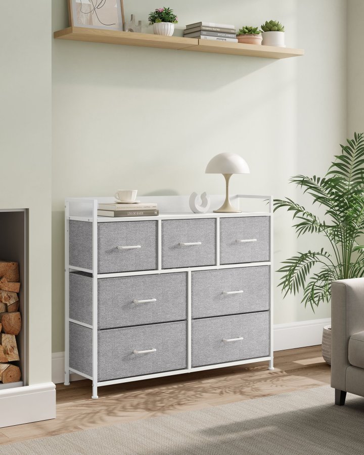 SONGMICS Kommode, Sovev�relsesskab, 7 stofskuffer med h�ndtag, Metalramme, Duegr� og Skyhvid LTS523L10