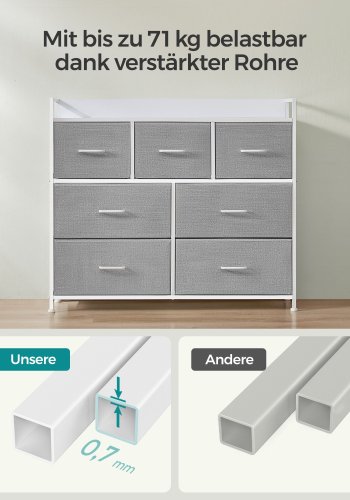 SONGMICS Kommode, Sovev�relsesskab, 7 stofskuffer med h�ndtag, Metalramme, Duegr� og Skyhvid LTS523L10