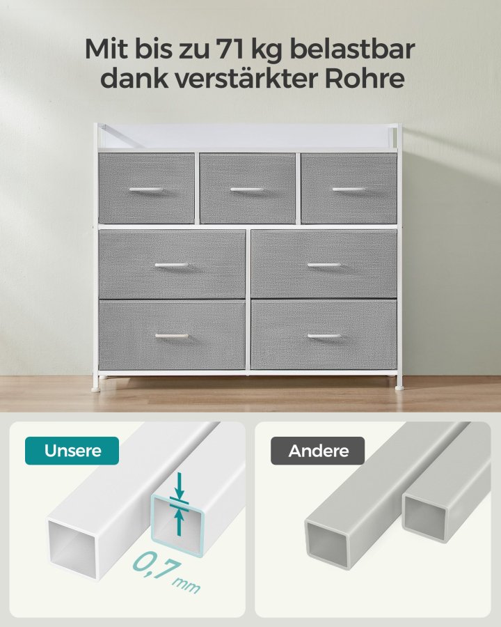SONGMICS Kommode, Sovev�relsesskab, 7 stofskuffer med h�ndtag, Metalramme, Duegr� og Skyhvid LTS523L10