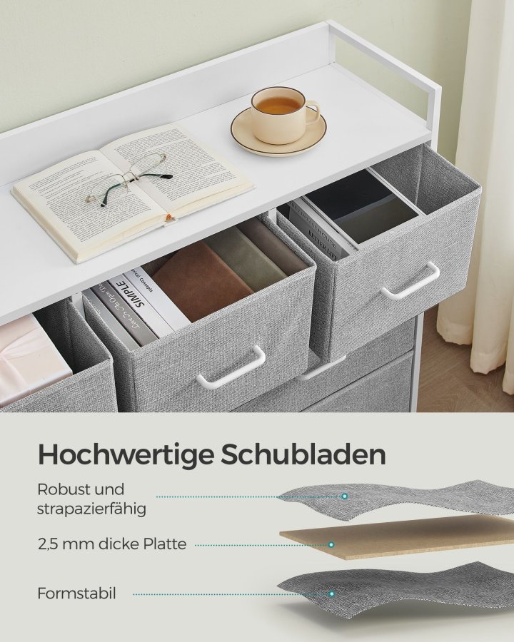 SONGMICS Kommode, Sovev�relsesskab, 7 stofskuffer med h�ndtag, Metalramme, Duegr� og Skyhvid LTS523L10