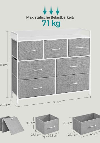 SONGMICS Kommode, Sovev�relsesskab, 7 stofskuffer med h�ndtag, Metalramme, Duegr� og Skyhvid LTS523L10