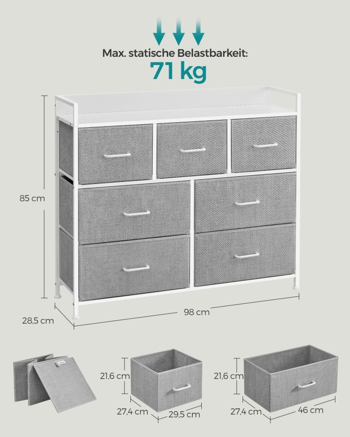 SONGMICS Kommode, Sovev�relsesskab, 7 stofskuffer med h�ndtag, Metalramme, Duegr� og Skyhvid LTS523L10