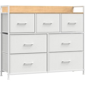 SONGMICS kommode, m. 7 skuffer med hndtag - natur spnplade og hvid fiberdug/stl