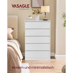 VASAGLE KAILYN Kollektion - Kommode til sovev�relse, Opbevaringsenhed med 5 skuffer, 40 x 60 x 97,4 cm, Moderne stil, Snehvid LTS605WE01
