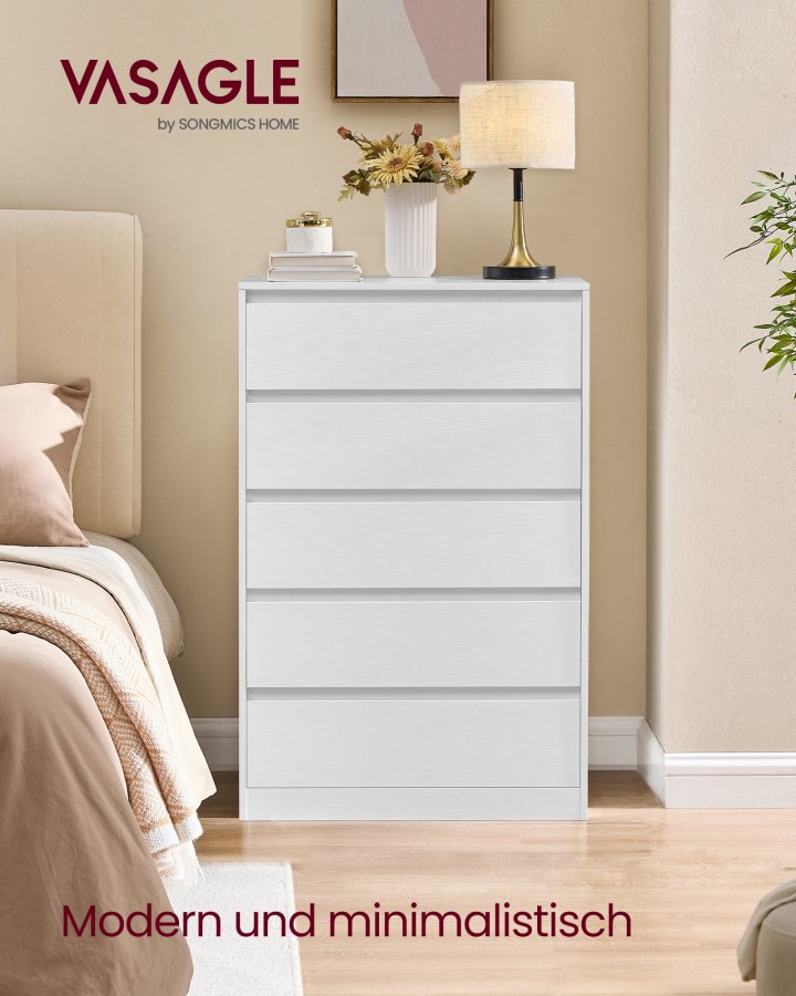 VASAGLE KAILYN Kollektion - Kommode til sovev�relse, Opbevaringsenhed med 5 skuffer, 40 x 60 x 97,4 cm, Moderne stil, Snehvid LTS605WE01
