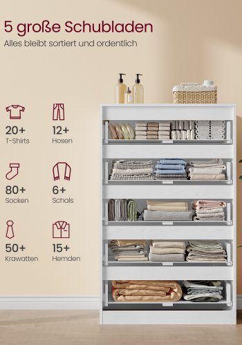 VASAGLE KAILYN Kollektion - Kommode til sovev�relse, Opbevaringsenhed med 5 skuffer, 40 x 60 x 97,4 cm, Moderne stil, Snehvid LTS605WE01