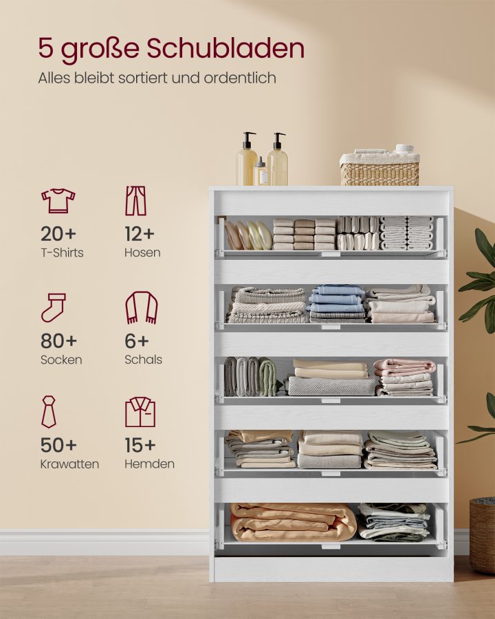 VASAGLE KAILYN Kollektion - Kommode til sovev�relse, Opbevaringsenhed med 5 skuffer, 40 x 60 x 97,4 cm, Moderne stil, Snehvid LTS605WE01
