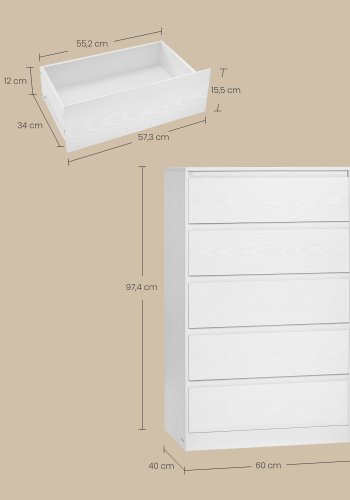 VASAGLE KAILYN Kollektion - Kommode til sovev�relse, Opbevaringsenhed med 5 skuffer, 40 x 60 x 97,4 cm, Moderne stil, Snehvid LTS605WE01