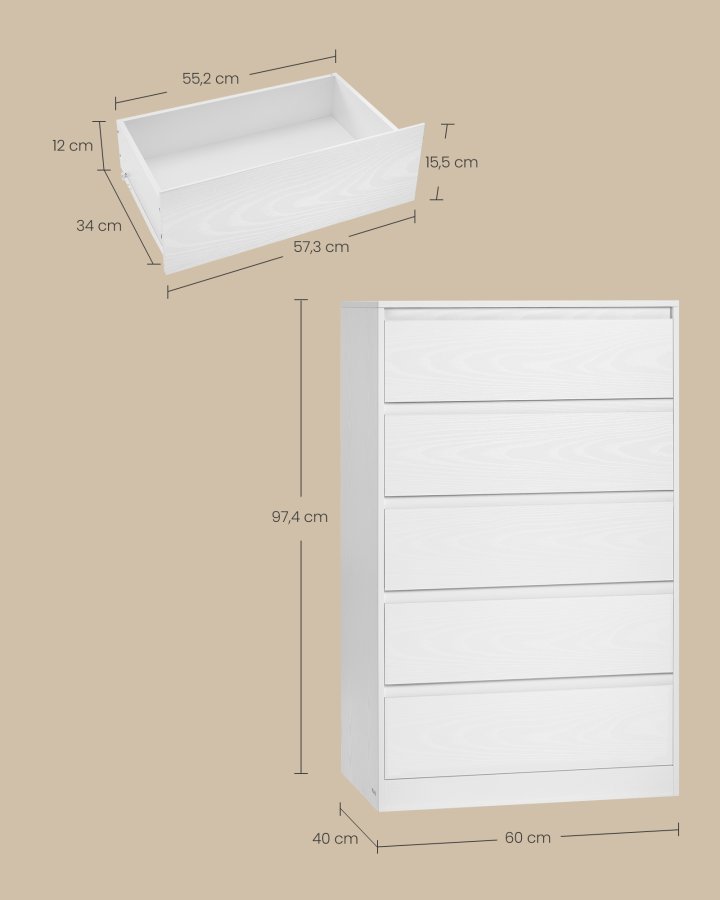 VASAGLE KAILYN Kollektion - Kommode til sovev�relse, Opbevaringsenhed med 5 skuffer, 40 x 60 x 97,4 cm, Moderne stil, Snehvid LTS605WE01