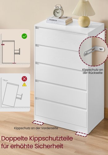 VASAGLE KAILYN Kollektion - Kommode til sovev�relse, Opbevaringsenhed med 5 skuffer, 40 x 60 x 97,4 cm, Moderne stil, Snehvid LTS605WE01