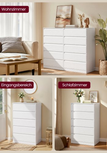 VASAGLE KAILYN Kollektion - Kommode til sovev�relse, Opbevaringsenhed med 5 skuffer, 40 x 60 x 97,4 cm, Moderne stil, Snehvid LTS605WE01