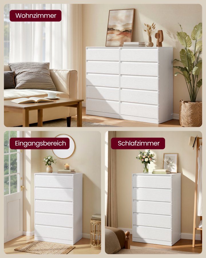 VASAGLE KAILYN Kollektion - Kommode til sovev�relse, Opbevaringsenhed med 5 skuffer, 40 x 60 x 97,4 cm, Moderne stil, Snehvid LTS605WE01