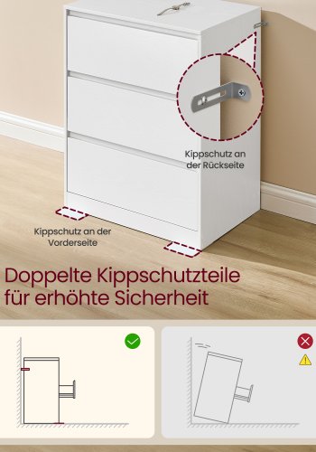 VASAGLE KAILYN Kollektion - Kommode til sovev�relse, Opbevaringsenhed med 3 skuffer, 40 x 60 x 75 cm, Moderne stil, Snehvid LTS613WE01