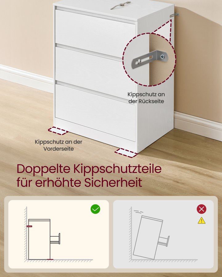 VASAGLE KAILYN Kollektion - Kommode til sovev�relse, Opbevaringsenhed med 3 skuffer, 40 x 60 x 75 cm, Moderne stil, Snehvid LTS613WE01