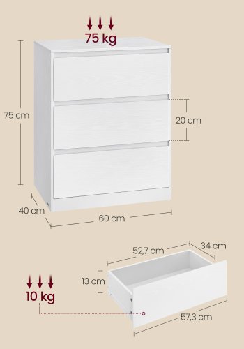VASAGLE KAILYN Kollektion - Kommode til sovev�relse, Opbevaringsenhed med 3 skuffer, 40 x 60 x 75 cm, Moderne stil, Snehvid LTS613WE01