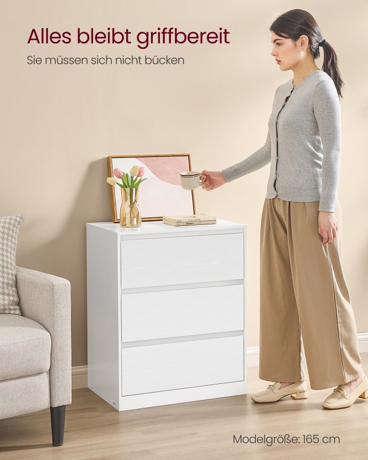 VASAGLE KAILYN Kollektion - Kommode til sovev�relse, Opbevaringsenhed med 3 skuffer, 40 x 60 x 75 cm, Moderne stil, Snehvid LTS613WE01