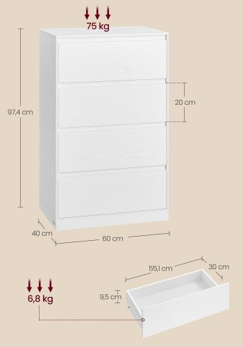VASAGLE KAILYN Kollektion - Kommode til sovev�relse, Opbevaringsenhed med 4 skuffer, 40 x 60 x 97,4 cm, Moderne stil, Snehvid LTS614WE02