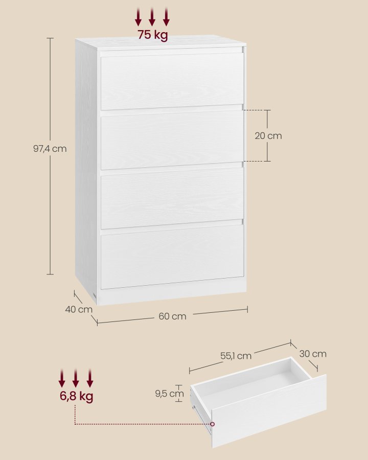 VASAGLE KAILYN Kollektion - Kommode til sovev�relse, Opbevaringsenhed med 4 skuffer, 40 x 60 x 97,4 cm, Moderne stil, Snehvid LTS614WE02