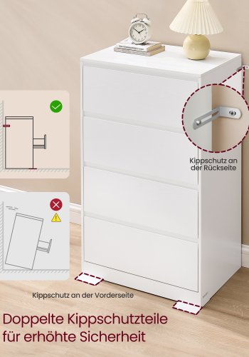 VASAGLE KAILYN Kollektion - Kommode til sovev�relse, Opbevaringsenhed med 4 skuffer, 40 x 60 x 97,4 cm, Moderne stil, Snehvid LTS614WE02