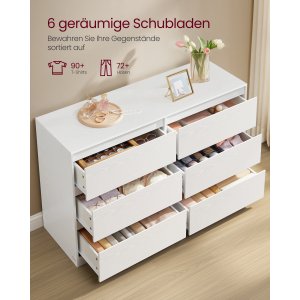 VASAGLE KAILYN Kollektion - Kommode til sovev�relse, Opbevaringsenhed med 6 skuffer, 40 x 119,4 x 75 cm, Moderne stil, Snehvid LTS616W01