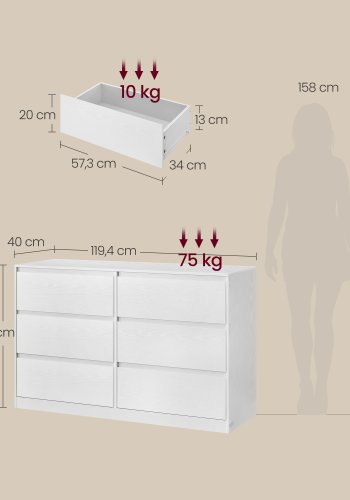 VASAGLE KAILYN Kollektion - Kommode til sovev�relse, Opbevaringsenhed med 6 skuffer, 40 x 119,4 x 75 cm, Moderne stil, Snehvid LTS616W01