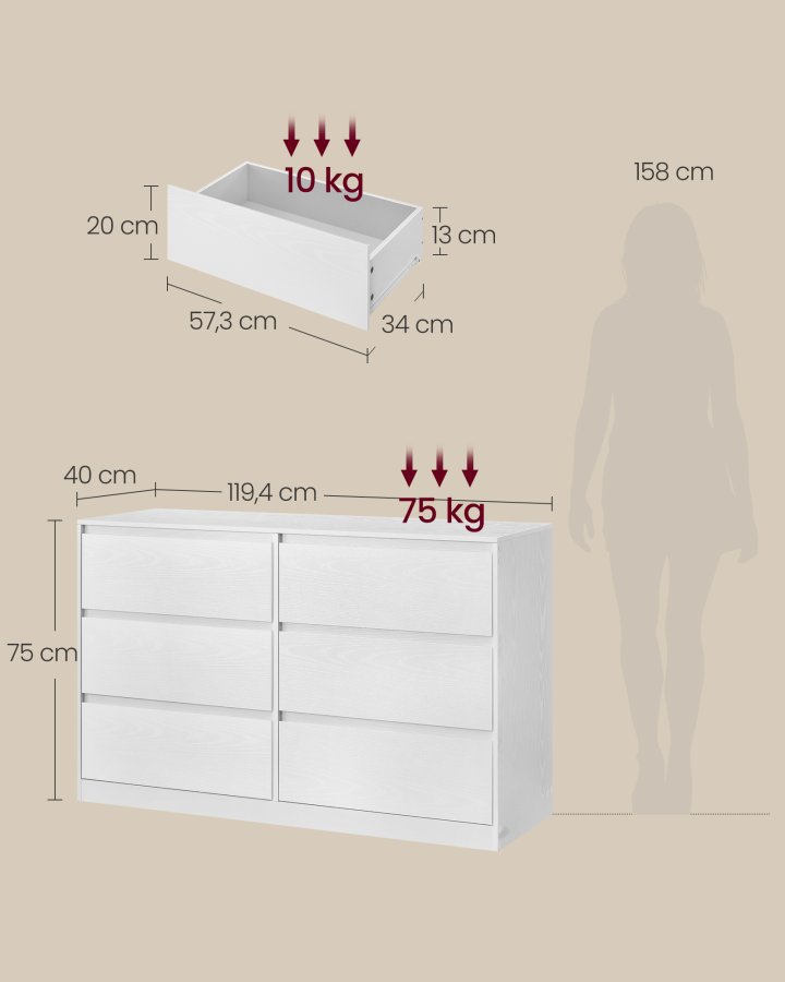 VASAGLE KAILYN Kollektion - Kommode til sovev�relse, Opbevaringsenhed med 6 skuffer, 40 x 119,4 x 75 cm, Moderne stil, Snehvid LTS616W01