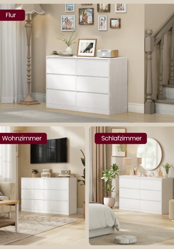 VASAGLE KAILYN Kollektion - Kommode til sovev�relse, Opbevaringsenhed med 6 skuffer, 40 x 119,4 x 75 cm, Moderne stil, Snehvid LTS616W01