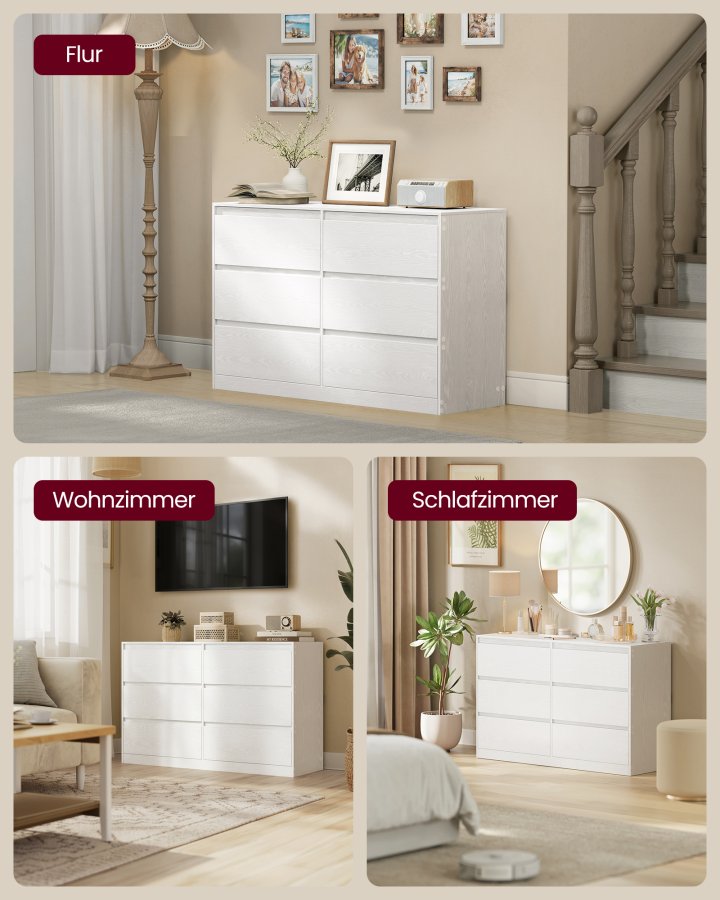 VASAGLE KAILYN Kollektion - Kommode til sovev�relse, Opbevaringsenhed med 6 skuffer, 40 x 119,4 x 75 cm, Moderne stil, Snehvid LTS616W01