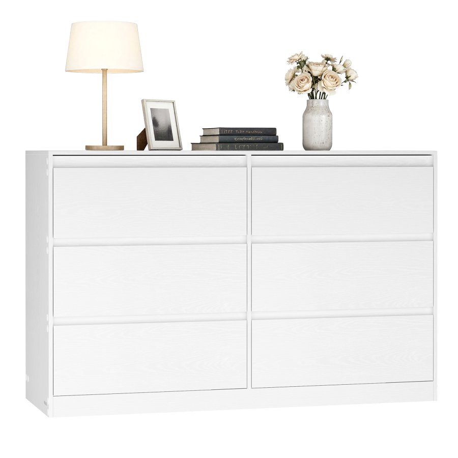 VASAGLE KAILYN Kollektion - Kommode til sovev�relse, Opbevaringsenhed med 6 skuffer, 40 x 119,4 x 75 cm, Moderne stil, Snehvid LTS616W01
