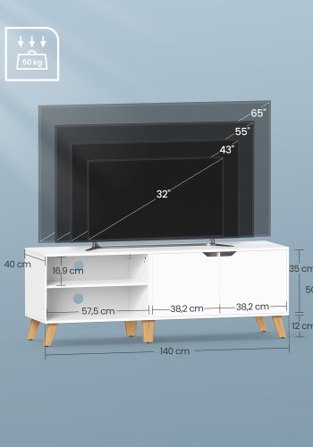 VASAGLE TV-skab til TV op til 65 tommer, 140 cm bredt TV-bord med 2 d�re, justerbare hylder, TV-bord, til stue, spisestue, sovev�relse, hvid LTV027T46