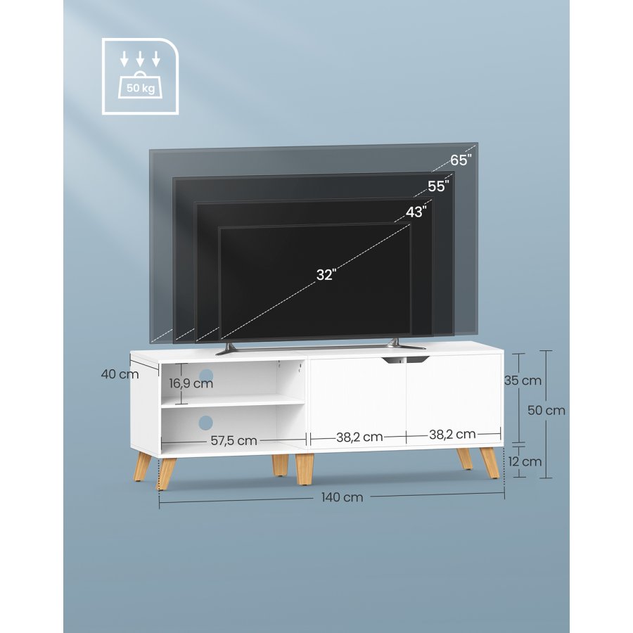 VASAGLE TV-skab til TV op til 65 tommer, 140 cm bredt TV-bord med 2 d�re, justerbare hylder, TV-bord, til stue, spisestue, sovev�relse, hvid LTV027T46