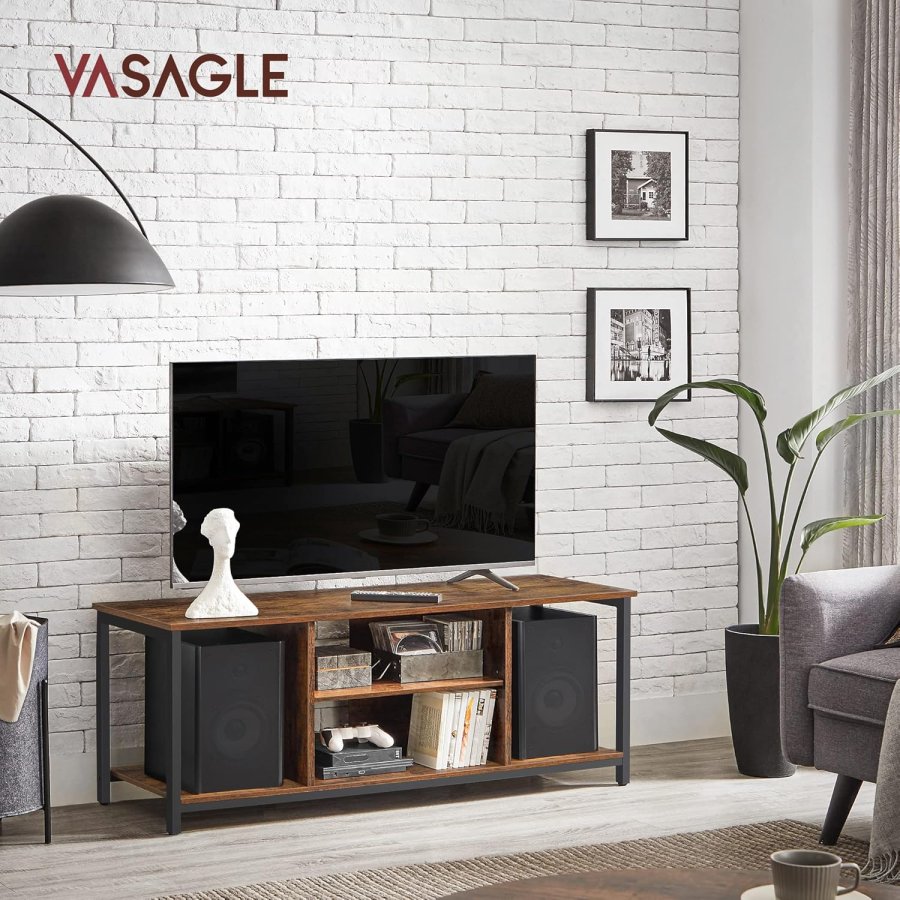 VASAGLE TV-b&auml;nk f&ouml;r TV-apparater upp till 60 tum, TV-sk�p med &ouml;ppna hyllor, TV-konsol f&ouml;r vardagsrum, s&auml;llskapsrum, rustikt brunt och svart LTV060B01