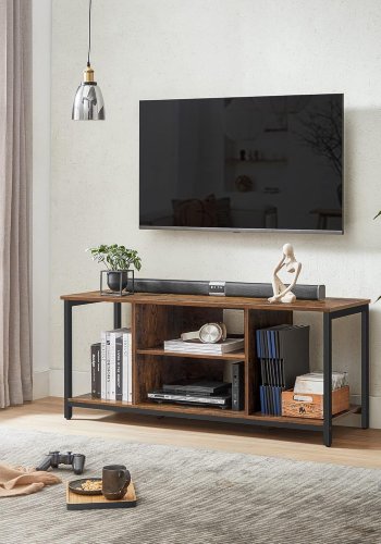 VASAGLE LTV060B01 TV-bord, til TV op til 60 tommer, m. 2 �bne rum, 1 hylde - rustik brun sp�nplade og sort st�l (120x40)