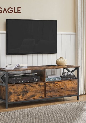 VASAGLE TV-sk�p, TV-m�bel f�r 55-tums TV, vardagsrum, med 2 l�dor, 2 f�rvaringshyllor, 120 x 40 x 50 cm, st�lram, industriell stil, rustik brun och svart LTV300B01