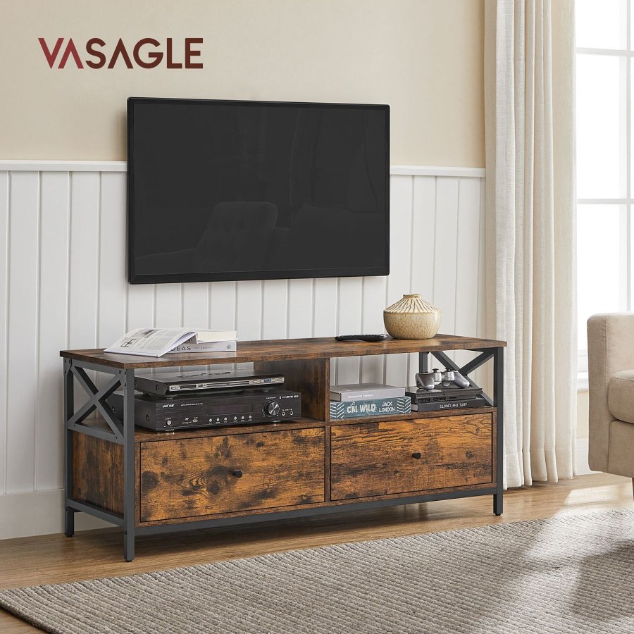 VASAGLE TV-sk�p, TV-m�bel f�r 55-tums TV, vardagsrum, med 2 l�dor, 2 f�rvaringshyllor, 120 x 40 x 50 cm, st�lram, industriell stil, rustik brun och svart LTV300B01