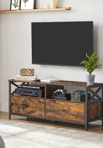 VASAGLE TV-sk�p, TV-m�bel f�r 55-tums TV, vardagsrum, med 2 l�dor, 2 f�rvaringshyllor, 120 x 40 x 50 cm, st�lram, industriell stil, rustik brun och svart LTV300B01