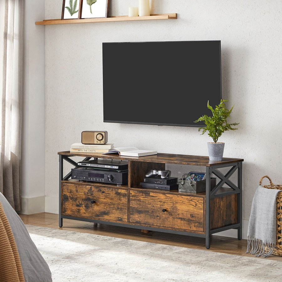 VASAGLE TV-sk�p, TV-m�bel f�r 55-tums TV, vardagsrum, med 2 l�dor, 2 f�rvaringshyllor, 120 x 40 x 50 cm, st�lram, industriell stil, rustik brun och svart LTV300B01