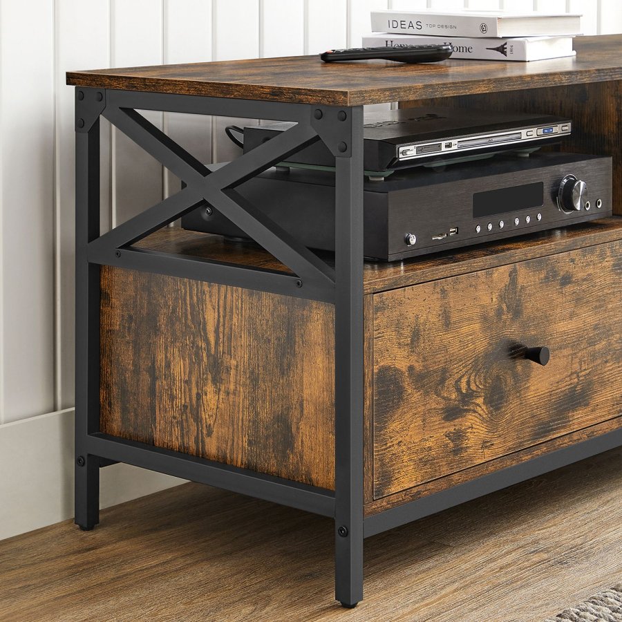 VASAGLE TV-sk�p, TV-m�bel f�r 55-tums TV, vardagsrum, med 2 l�dor, 2 f�rvaringshyllor, 120 x 40 x 50 cm, st�lram, industriell stil, rustik brun och svart LTV300B01