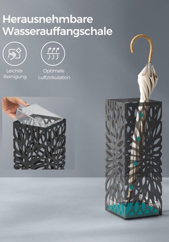 SONGMICS Paraplystativ, Paraplyholder til entr&eacute;, Fritst�ende firkantet paraplystativ i st�l, til stokke og vandrestave, med aftagelig drypbakke, 4 kroge, Sort LUC026B33