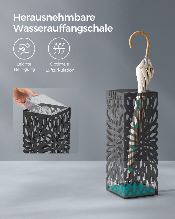 SONGMICS Paraplystativ, Paraplyholder til entr&eacute;, Fritst�ende firkantet paraplystativ i st�l, til stokke og vandrestave, med aftagelig drypbakke, 4 kroge, Sort LUC026B33