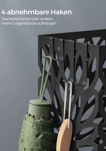 SONGMICS Paraplystativ, Paraplyholder til entr&eacute;, Fritst�ende firkantet paraplystativ i st�l, til stokke og vandrestave, med aftagelig drypbakke, 4 kroge, Sort LUC026B33