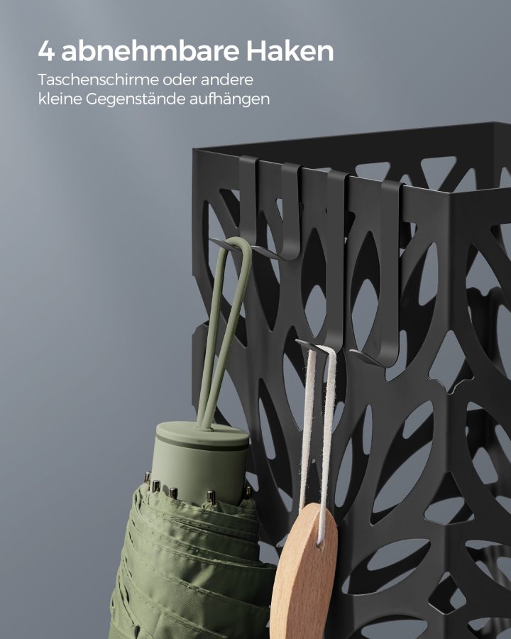 SONGMICS Paraplystativ, Paraplyholder til entr&eacute;, Fritst�ende firkantet paraplystativ i st�l, til stokke og vandrestave, med aftagelig drypbakke, 4 kroge, Sort LUC026B33