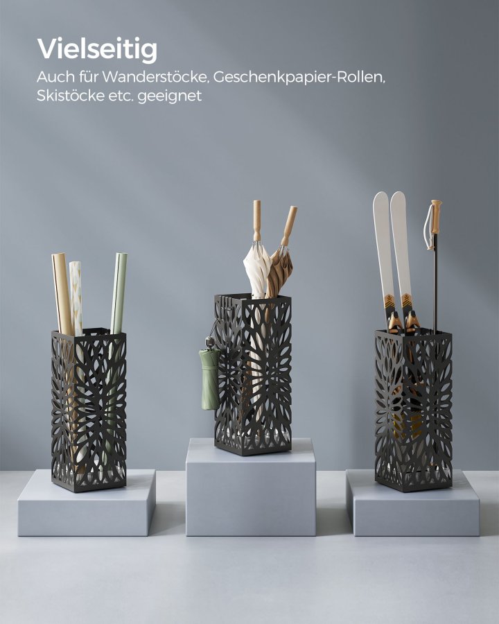 SONGMICS Paraplystativ, Paraplyholder til entr&eacute;, Fritst�ende firkantet paraplystativ i st�l, til stokke og vandrestave, med aftagelig drypbakke, 4 kroge, Sort LUC026B33